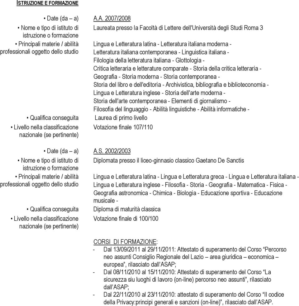 A. 2007/2008 Nome e tipo di istituto di Laureata presso la Facoltà di Lettere dell'università degli Studi Roma 3 istruzione o formazione Principali materie / abilità Lingua e Letteratura latina -