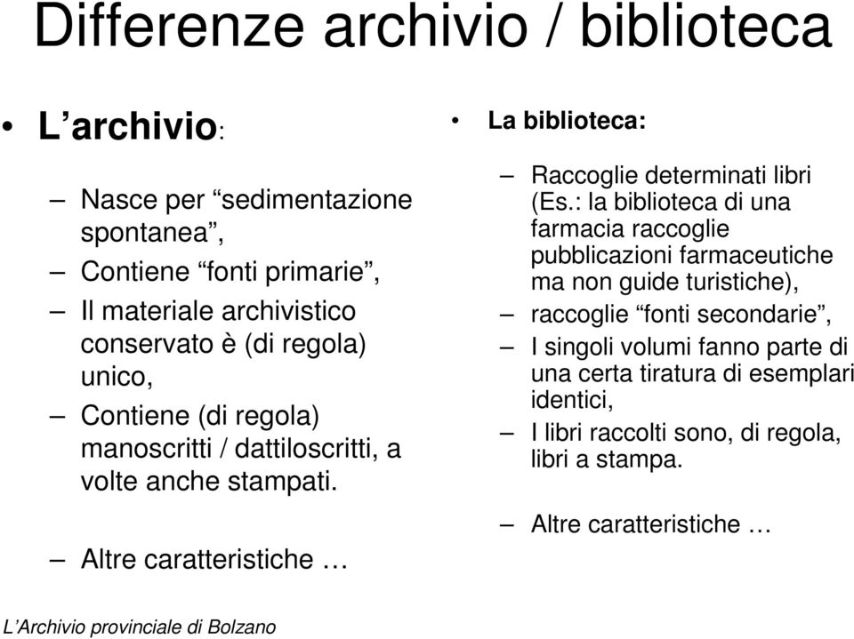 Altre caratteristiche La biblioteca: Raccoglie determinati libri (Es.