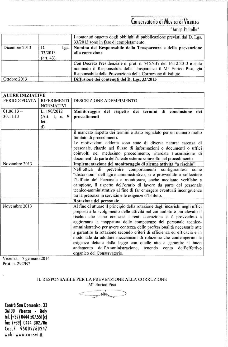 è stato nominato il Responsabile della Trasparenza il M 0 Enrico Pisa, già Resnonsabile della Prevenzione della Corruzione di Istituto Diffusione dei contenuti del D. L!!s. 33/ ALTRE INIZIATIVE PERIODO/DATA RIFERIMENTI 01.