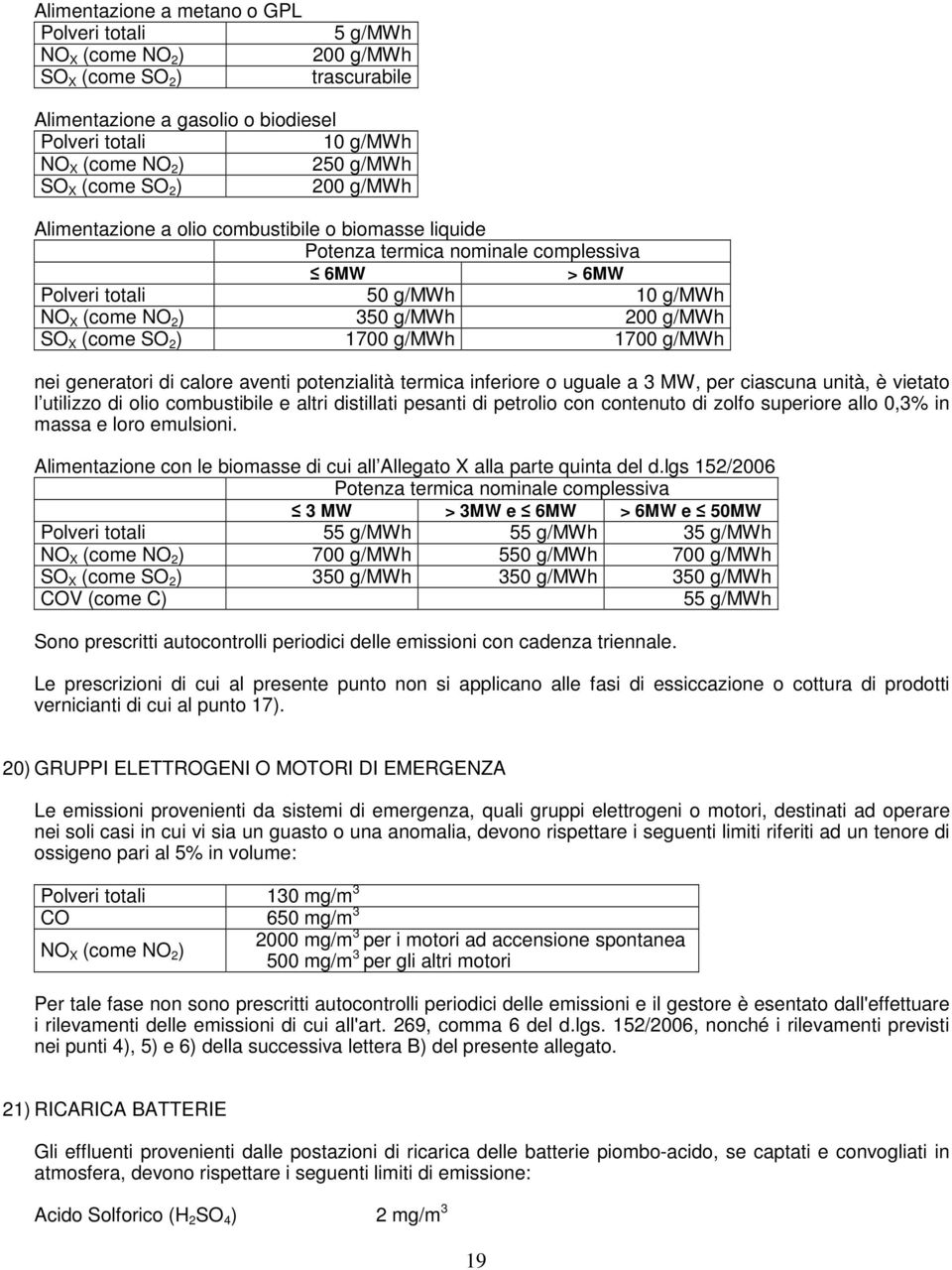 SO X (come SO 2 ) 1700 g/mwh 1700 g/mwh nei generatori di calore aventi potenzialità termica inferiore o uguale a 3 MW, per ciascuna unità, è vietato l utilizzo di olio combustibile e altri