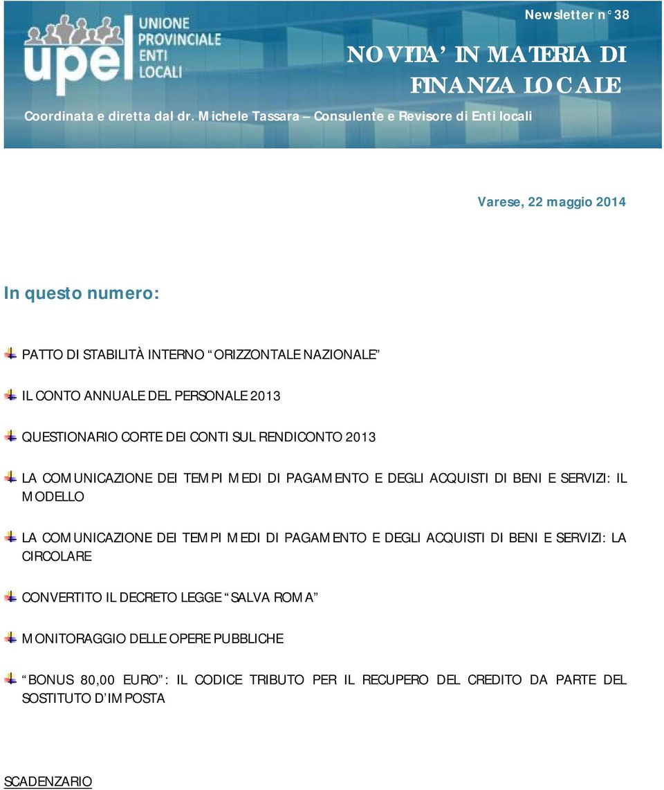 ANNUALE DEL PERSONALE 2013 QUESTIONARIO CORTE DEI CONTI SUL RENDICONTO 2013 LA COMUNICAZIONE DEI TEMPI MEDI DI PAGAMENTO E DEGLI ACQUISTI DI BENI E SERVIZI: IL MODELLO