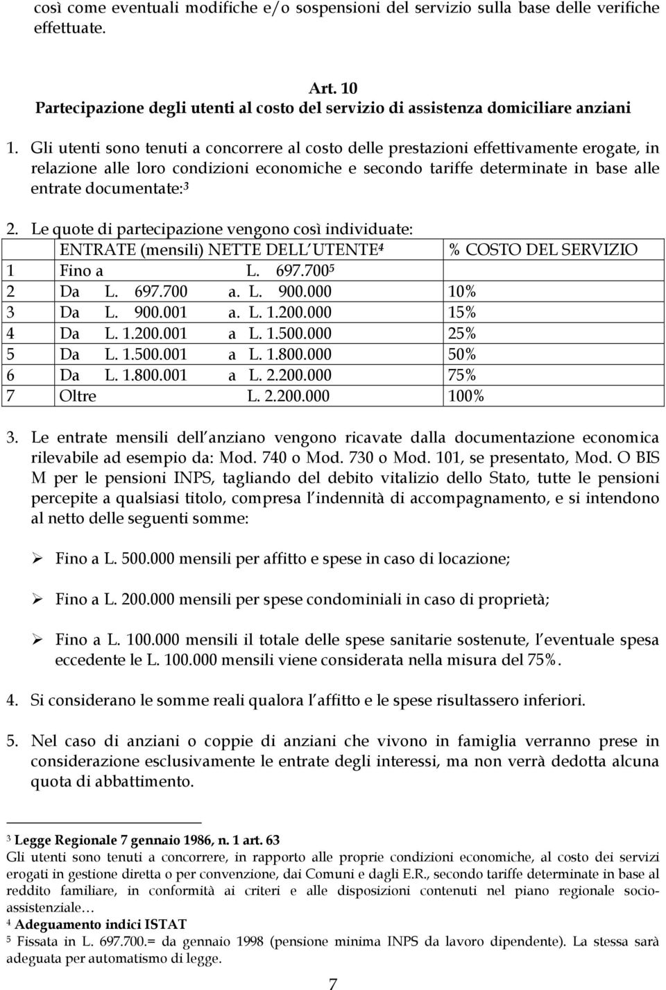 Le quote di partecipazione vengono così individuate: ENTRATE (mensili) NETTE DELL UTENTE 4 % COSTO DEL SERVIZIO 1 Fino a L. 697.700 5 2 Da L. 697.700 a. L. 900.000 10% 3 Da L. 900.001 a. L. 1.200.