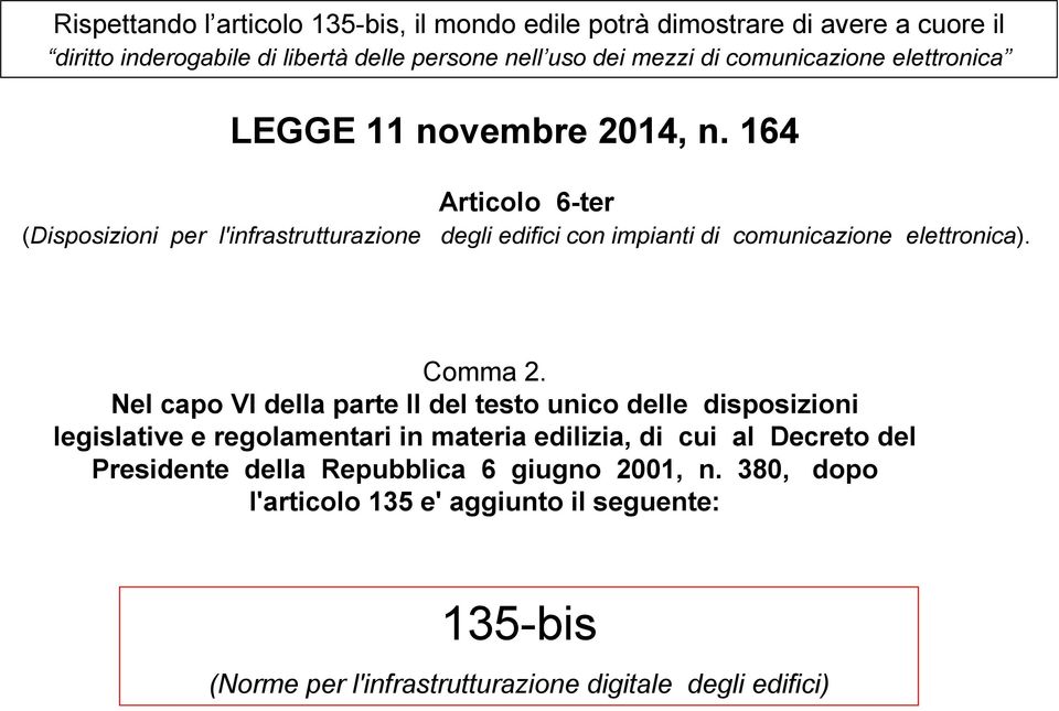 164 rticolo 6-ter (isposizioni per l'infrastrutturazione degli edifici con impianti di comunicazione elettronica). Comma 2.