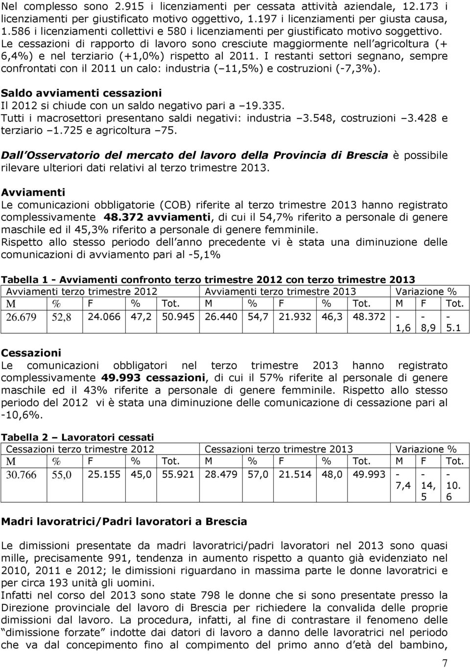 Le cessazioni di rapporto di lavoro sono cresciute maggiormente nell agricoltura (+ 6,4%) e nel terziario (+1,0%) rispetto al 2011.