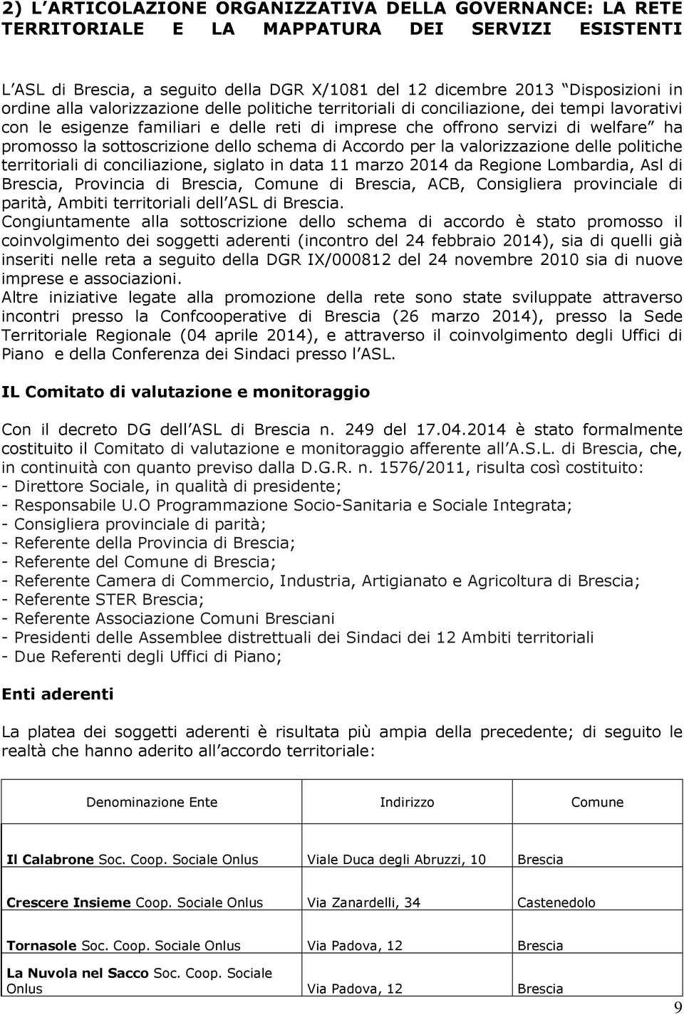 dello schema di Accordo per la valorizzazione delle politiche territoriali di conciliazione, siglato in data 11 marzo 2014 da Regione Lombardia, Asl di Brescia, Provincia di Brescia, Comune di