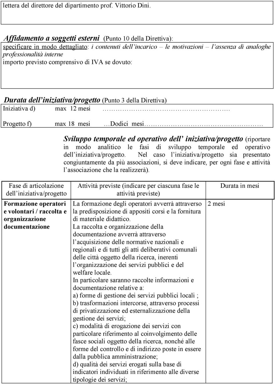 comprensivo di IVA se dovuto: Durata dell iniziativa/progetto (Punto 3 della Direttiva) Iniziativa d) max 12 mesi.