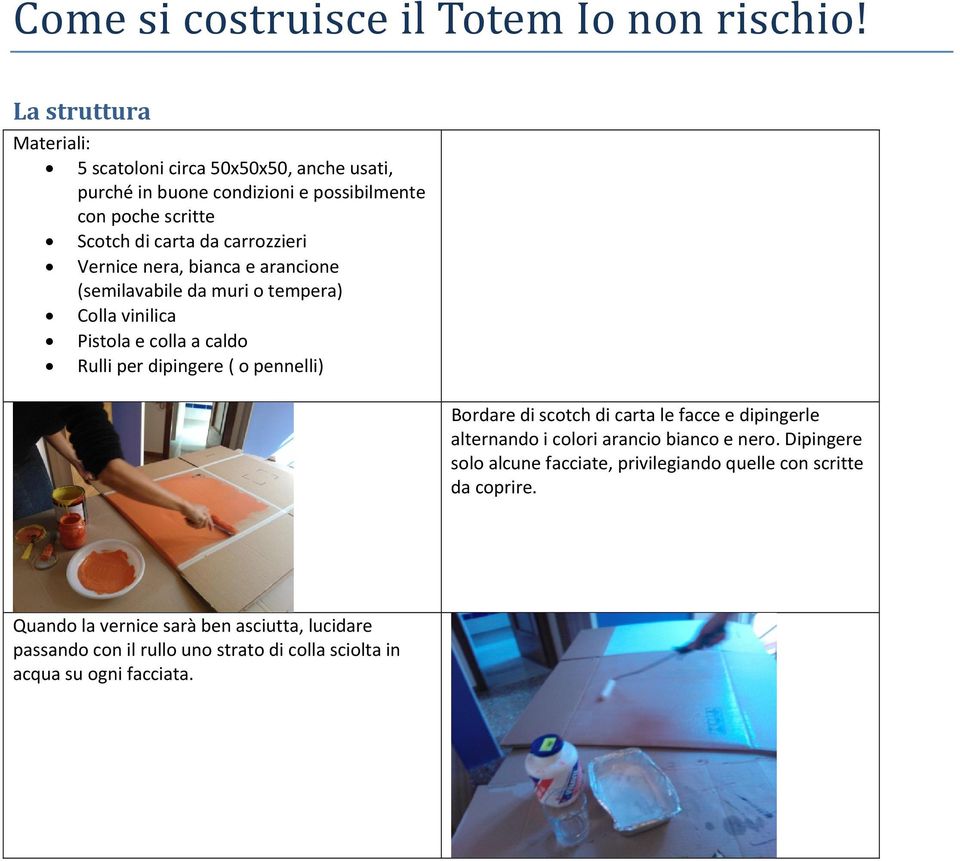 nera, bianca e arancione (semilavabile da muri o tempera) Colla vinilica Pistola e colla a caldo Rulli per dipingere ( o pennelli) Bordare di scotch di