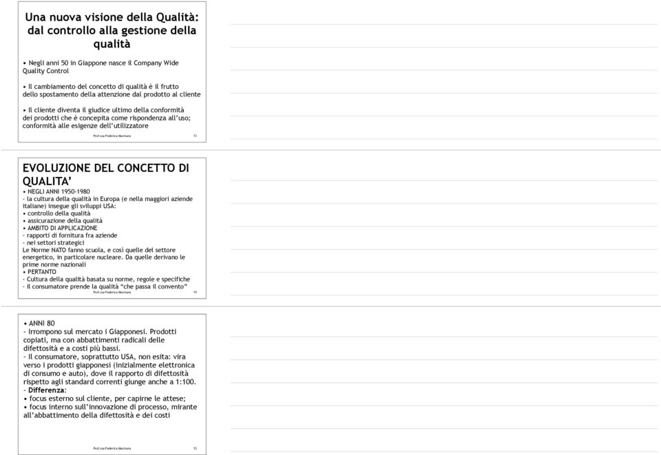 utilizzatore 13 EVOLUZIONE DEL CONCETTO DI QUALITA NEGLI ANNI 1950-1980 la cultura della qualità in Europa (e nella maggiori aziende italiane) insegue gli sviluppi USA: controllo della qualità