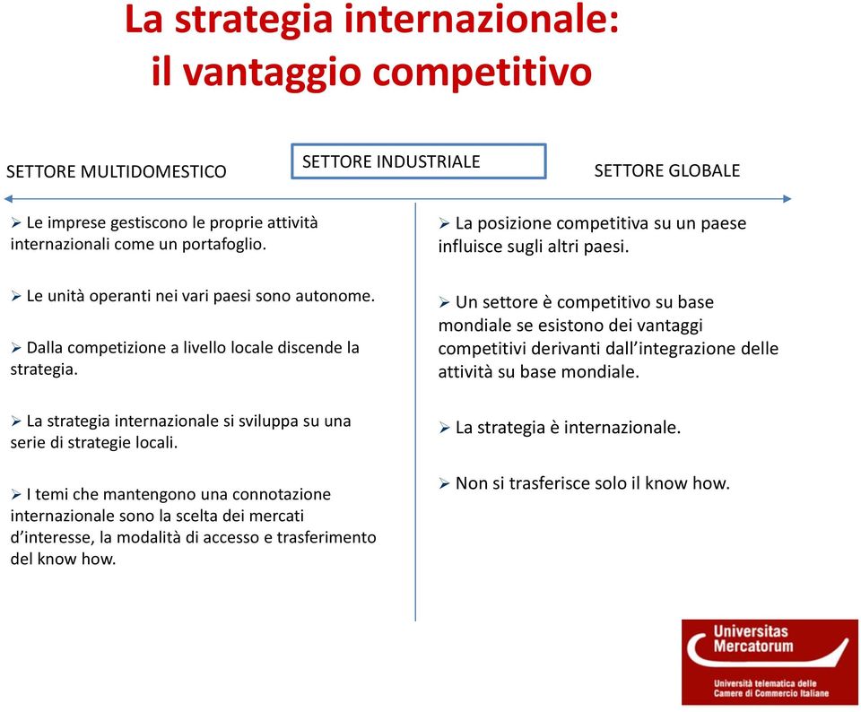 I temi che mantengono una connotazione internazionale sono la scelta dei mercati d interesse, la modalità di accesso e trasferimento del know how.