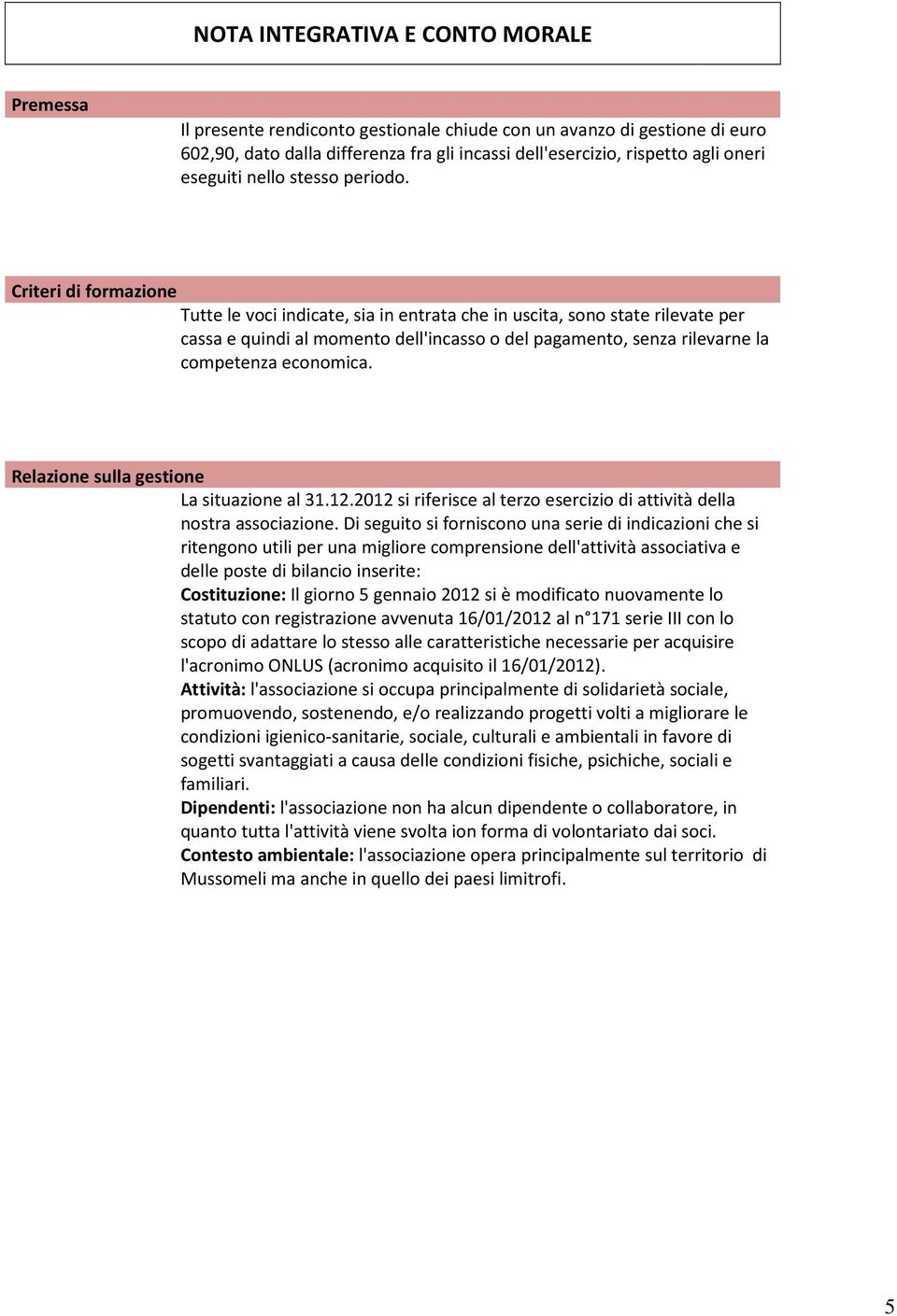 Criteri di formazione Tutte le voci indicate, sia in entrata che in uscita, sono state rilevate per cassa e quindi al momento dell'incasso o del pagamento, senza rilevarne la competenza economica.