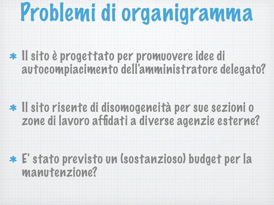 Il sito risente di disomogeneità per sue sezioni o zone di lavoro