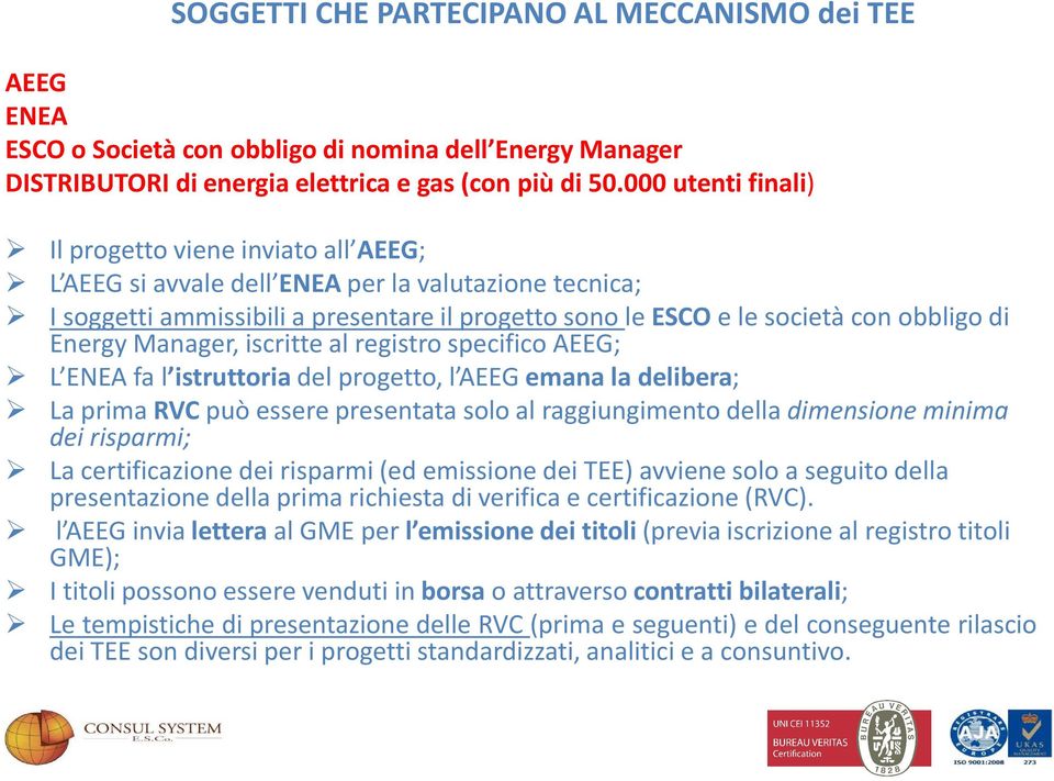 Energy Manager, iscritte al registro specifico AEEG; L ENEA fa l istruttoria del progetto, l AEEG emana la delibera; La prima RVC può essere presentata solo al raggiungimento della dimensione minima