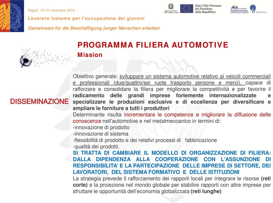 esclusive e di eccellenza per diversificare e ampliare le forniture a tutti i produttori Determinante risulta incrementare le competenze e migliorare la diffusione delle conoscenze nell automotive e