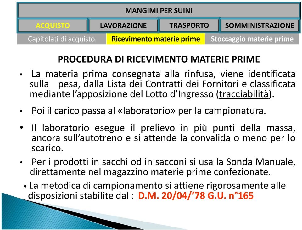 Poi il carico passa al «laboratorio» per la campionatura. Il laboratorio esegue il prelievo in più punti della massa, ancora sull autotreno e si attende la convalida o meno per lo scarico.