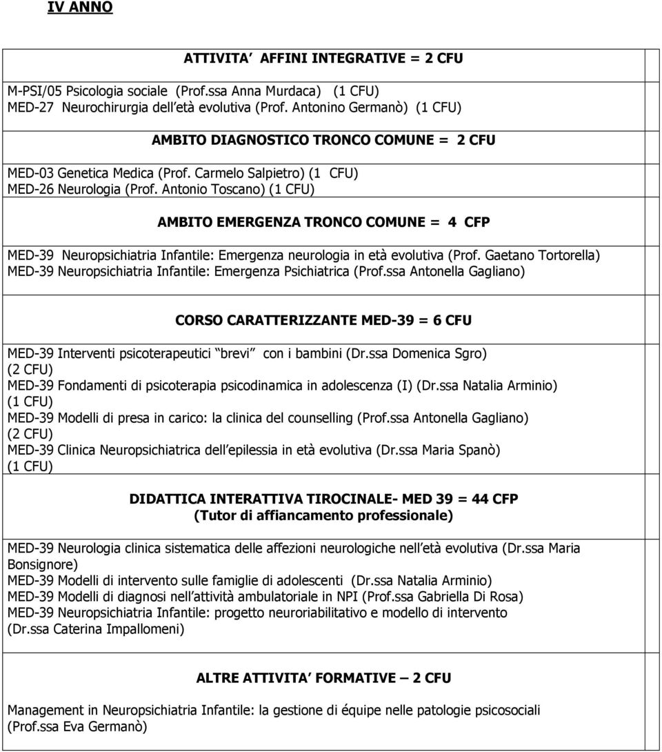 Antonio Toscano) (1 CFU) AMBITO EMERGENZA TRONCO COMUNE = 4 CFP MED-39 Neuropsichiatria Infantile: Emergenza neurologia in età evolutiva (Prof.