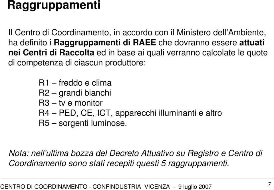 produttore: R1 freddo e clima R2 grandi bianchi R3 tv e monitor R4 PED, CE, ICT, apparecchi illuminanti e altro R5 sorgenti