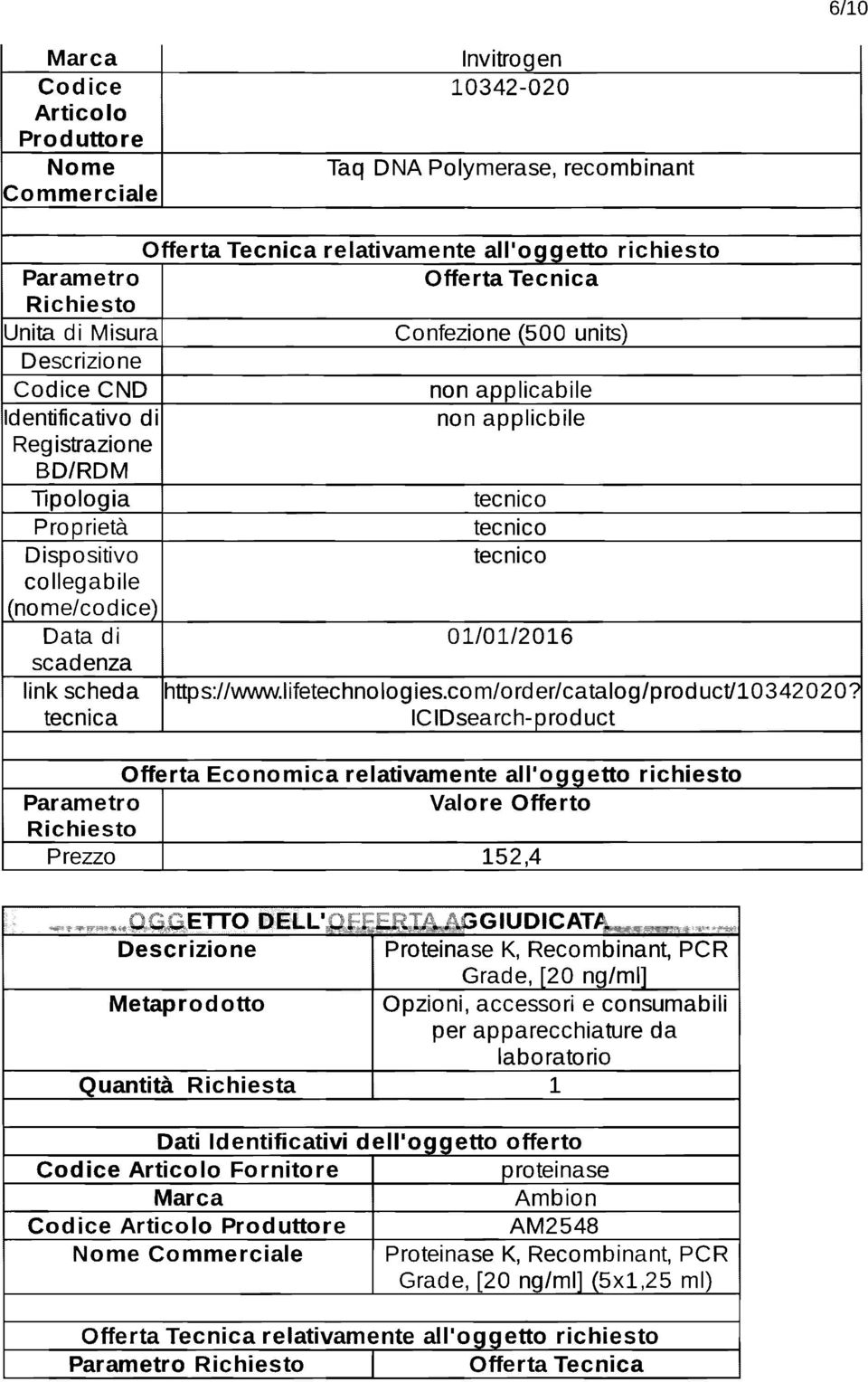 tecnica IC ID sea rch- p ro d uct Parametro Richiesto Prezzo 152,4 OGGETTO DELL'OF:~ERTA AGGIUDICATA Proteinase K, Recombinant, PCR Grade, [20 ng/ml] Opzioni, accessori e consumabili per