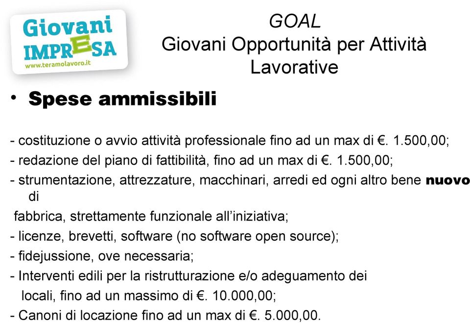 500,00; - strumentazione, attrezzature, macchinari, arredi ed ogni altro bene nuovo di fabbrica, strettamente funzionale all iniziativa; -