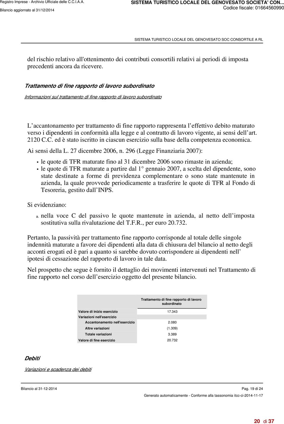 maturato verso i dipendenti in conformità alla legge e al contratto di lavoro vigente, ai sensi dell art. 2120 C.C. ed è stato iscritto in ciascun esercizio sulla base della competenza economica.