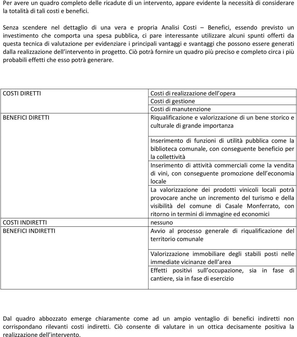 questa tecnica di valutazione per evidenziare i principali vantaggi e svantaggi che possono essere generati dalla realizzazione dell intervento in progetto.