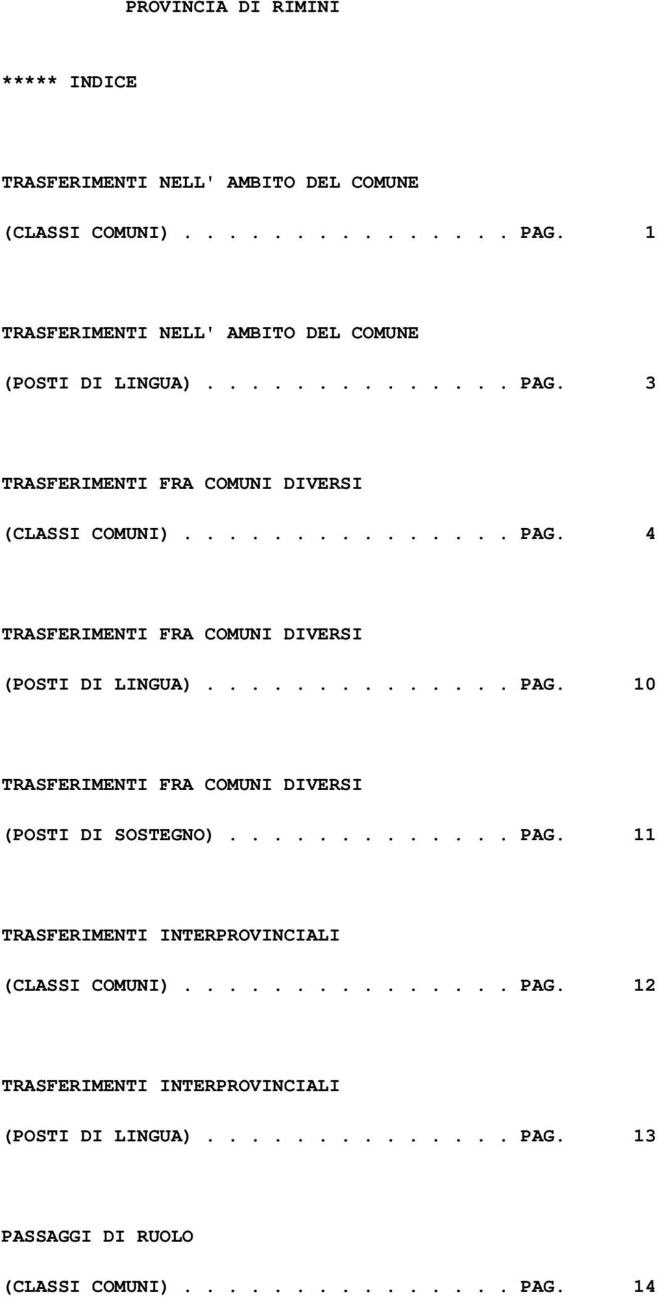 ............. PAG. 10 TRASFERIMENTI FRA COMUNI DIVERSI (POSTI DI SOSTEGNO)............. PAG. 11 TRASFERIMENTI INTERPROVINCIALI (CLASSI COMUNI)............... PAG. 12 TRASFERIMENTI INTERPROVINCIALI (POSTI DI LINGUA).