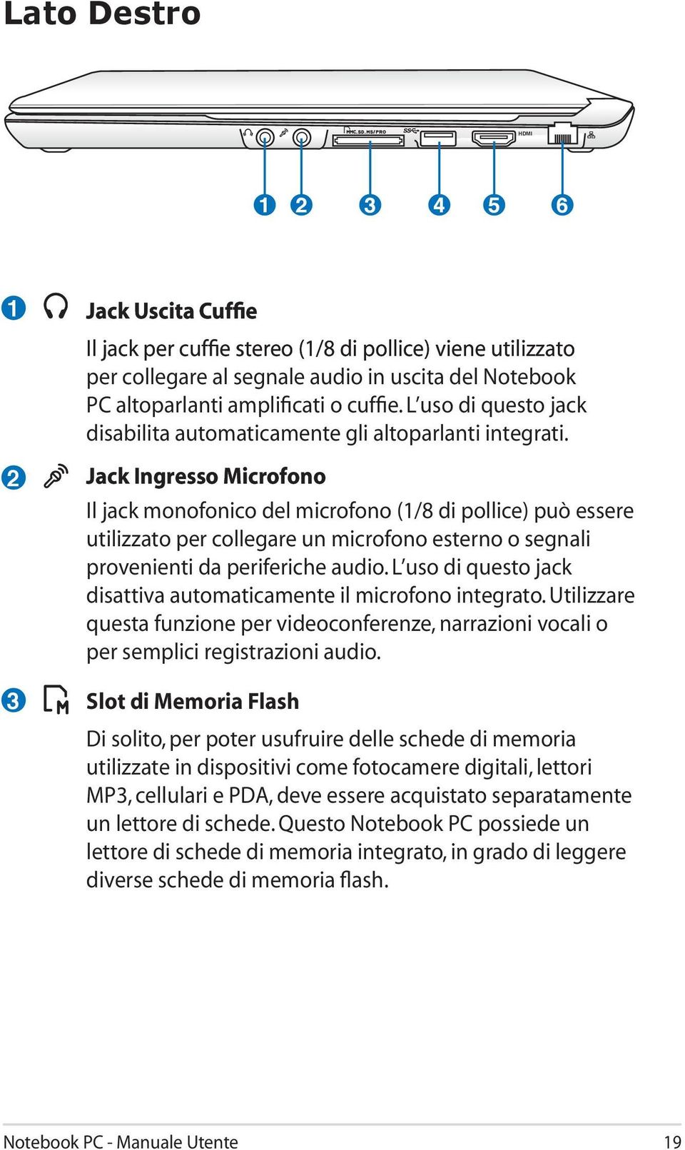 ack Jack Ingresso Microfono Il jack monofonico del microfono (1/8 di pollice) può essere utilizzato per collegare un microfono esterno o segnali provenienti da periferiche audio.