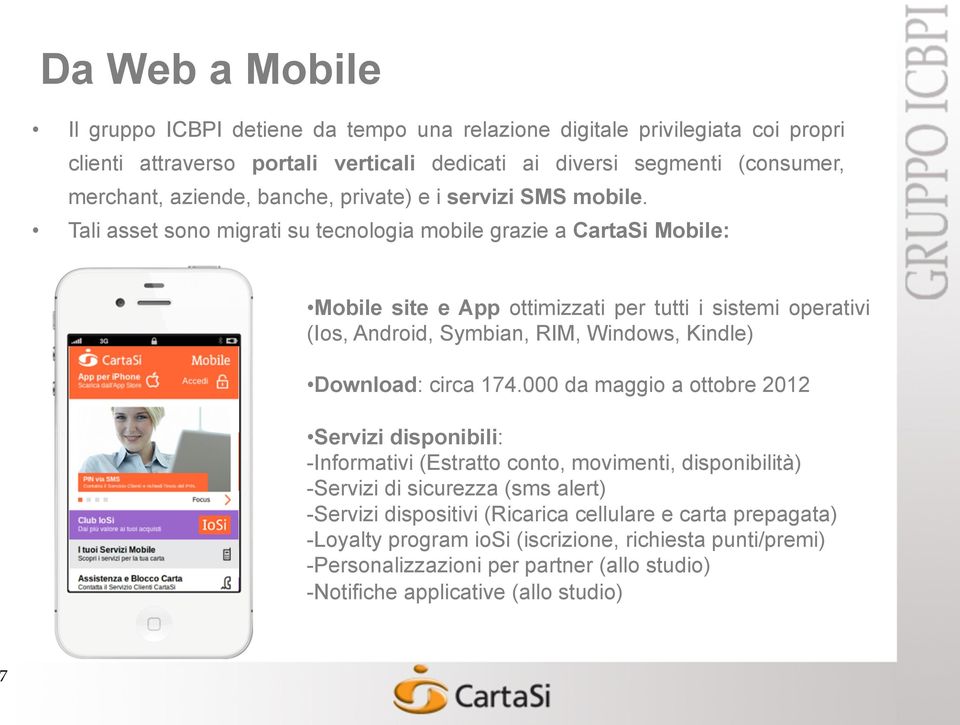 Tali asset sono migrati su tecnologia mobile grazie a CartaSi Mobile: Mobile site e App ottimizzati per tutti i sistemi operativi (Ios, Android, Symbian, RIM, Windows, Kindle) Download: circa