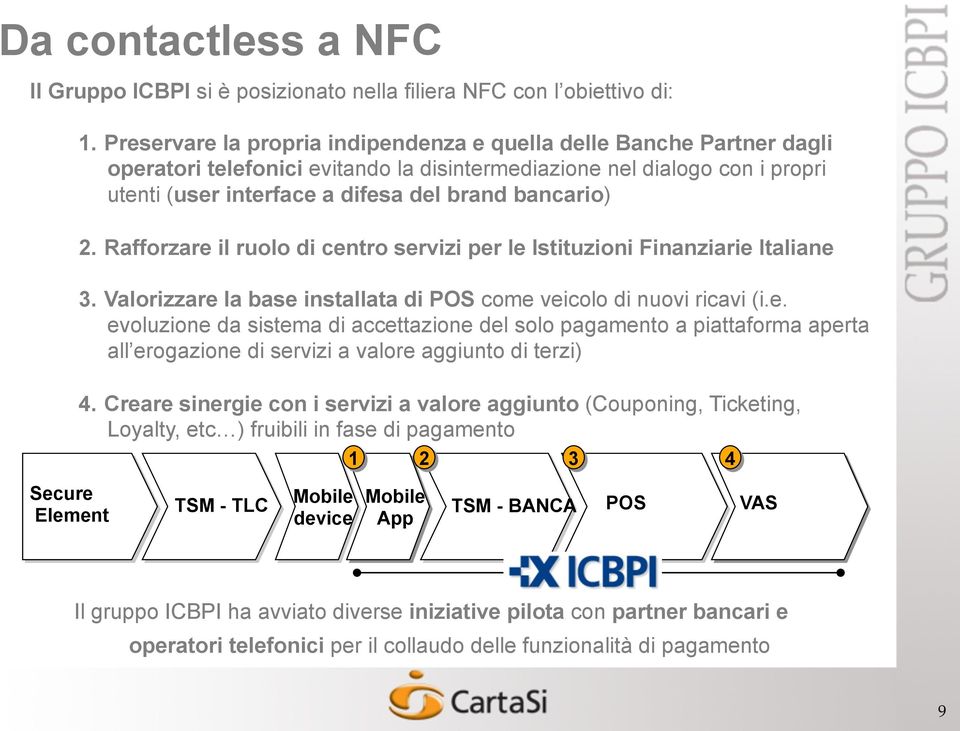 2. Rafforzare il ruolo di centro servizi per le Istituzioni Finanziarie Italiane 3. Valorizzare la base installata di POS come veicolo di nuovi ricavi (i.e. evoluzione da sistema di accettazione del solo pagamento a piattaforma aperta all erogazione di servizi a valore aggiunto di terzi) 4.