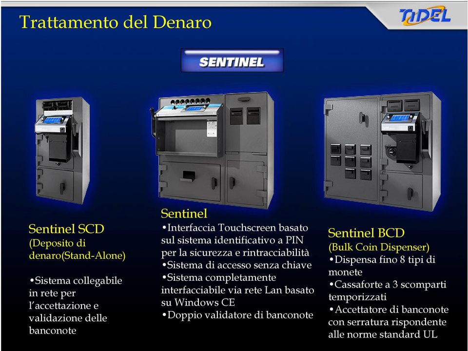 senza chiave Sistema completamente interfacciabile via rete Lan basato su Windows CE Doppio validatore di banconote Sentinel BCD (Bulk Coin