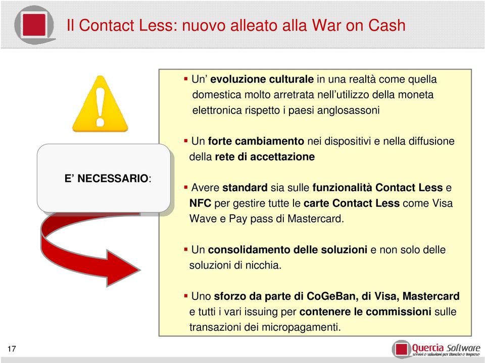 standard sia sulle funzionalità Contact Less e NFC per gestire tutte le carte Contact Less come Visa Wave e Pay pass Mastercard.