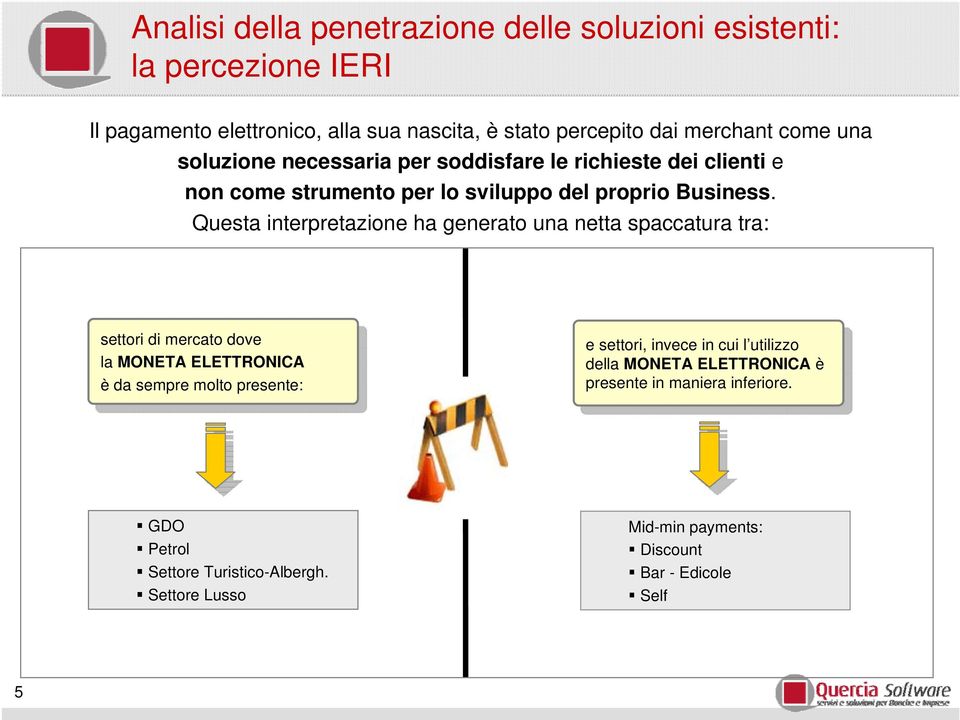 Questa interpretazione ha generato una netta spaccatura tra: settori settori mercato mercato dove dove la la MONETA MONETA ELETTRONICA ELETTRONICA è è da da sempre sempre molto molto