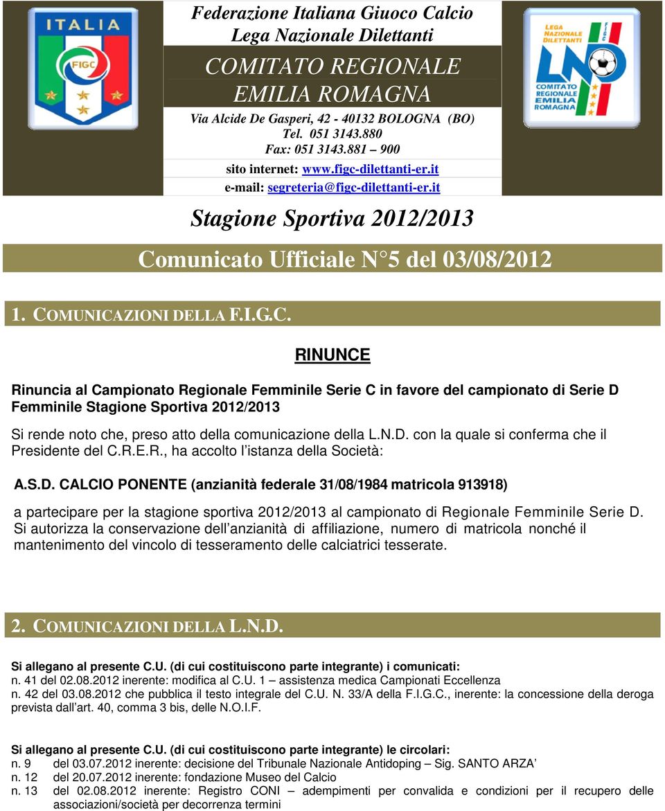 municato Ufficiale N 5 del 03/08/2012 1. CO