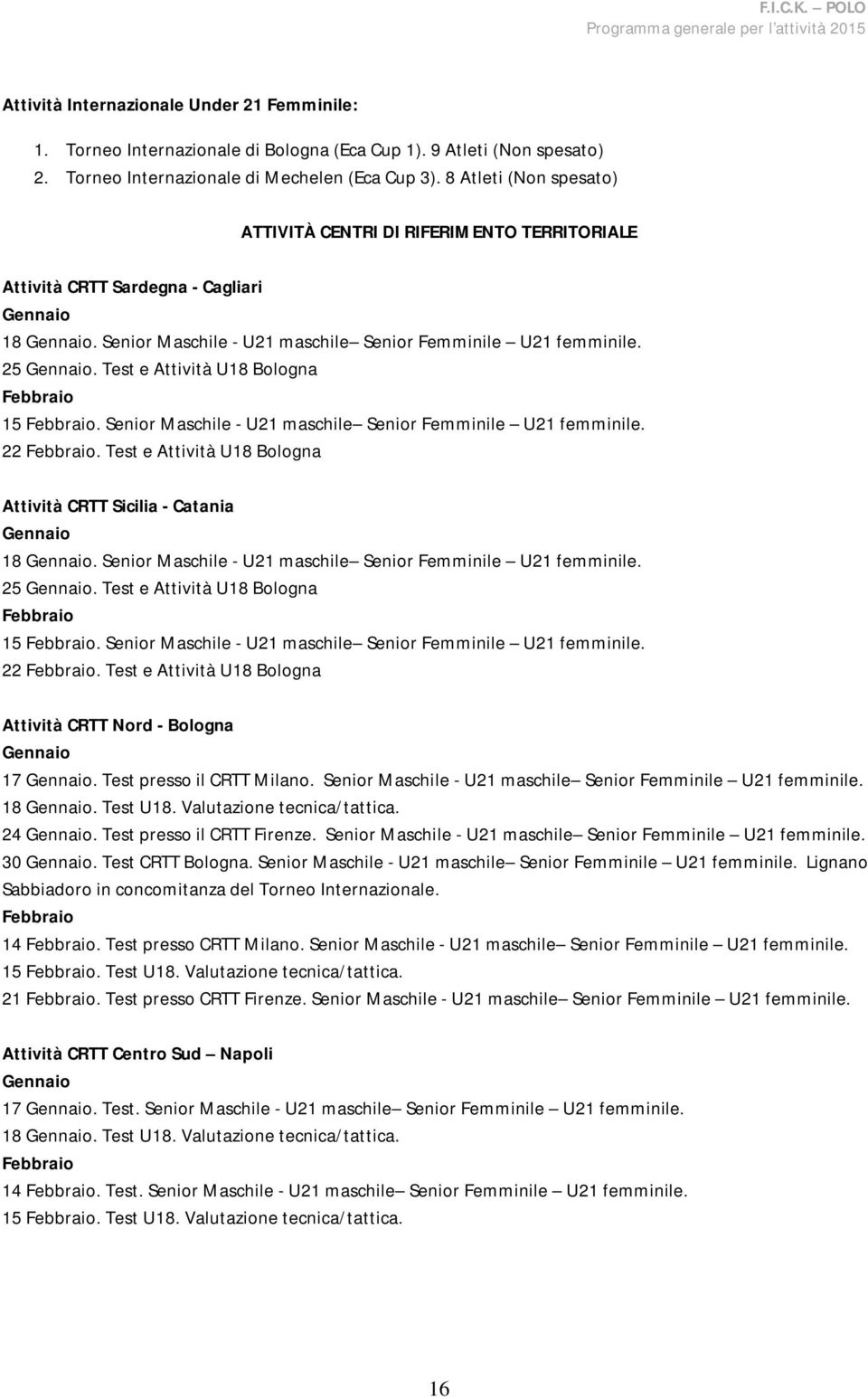 Test e Attività U18 Bologna Febbraio 15 Febbraio. Senior Maschile - U21 maschile Senior Femminile U21 femminile. 22 Febbraio.