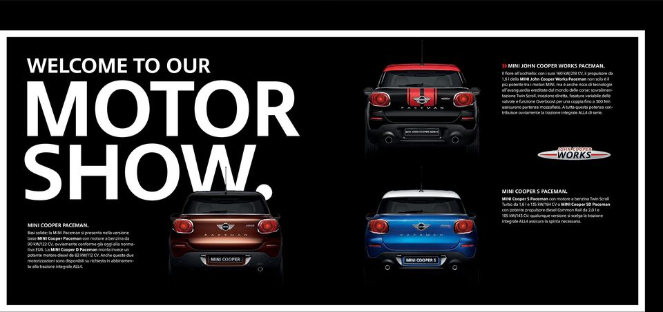 La MINI Cooper D Paceman monta invece un potente motore diesel da kw/ CV. Anche queste due motorizzazioni sono disponibili su richiesta in abbinamento alla trazione integrale ALL.