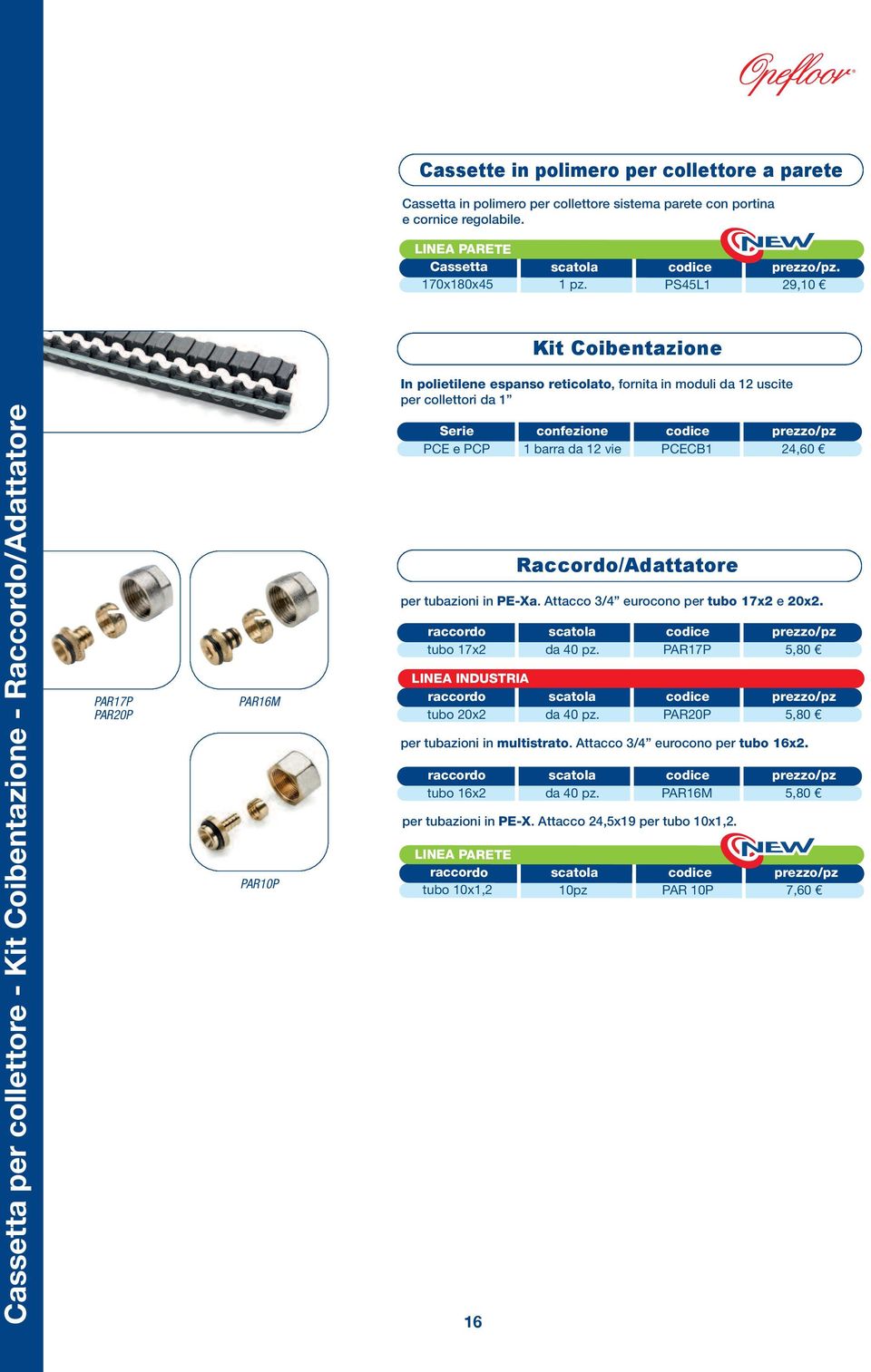 PAR16M PAR10P Serie confezione codice prezzo/pz PCE e PCP 1 barra da 12 vie PCECB1 24,60 Raccordo/Adattatore per tubazioni in PE-Xa. Attacco 3/4 eurocono per tubo 17x2 e 20x2.