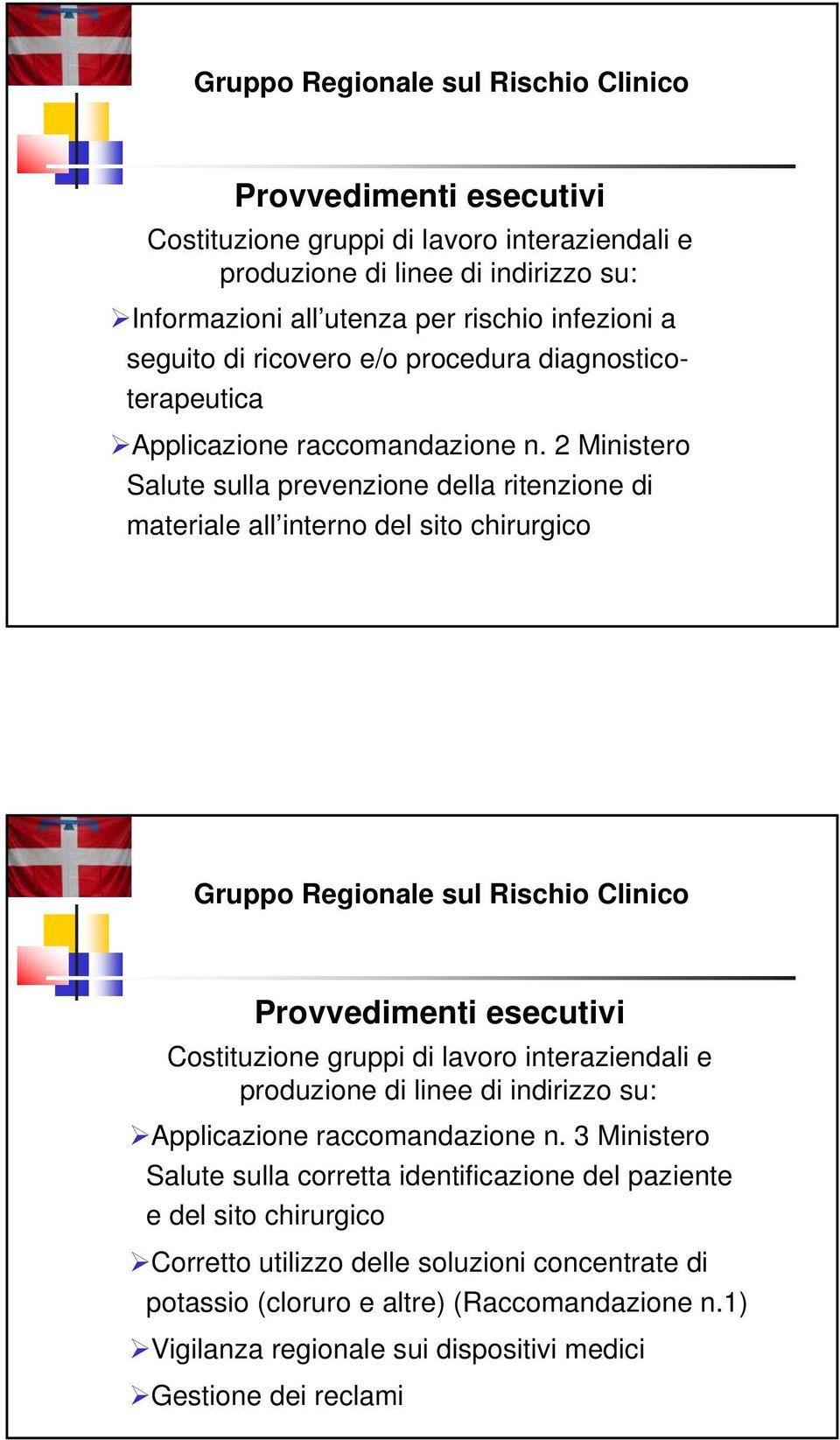 2 Ministero Salute sulla prevenzione della ritenzione di materiale all interno del sito chirurgico Gruppo Regionale sul Rischio Clinico Provvedimenti esecutivi Costituzione gruppi di lavoro