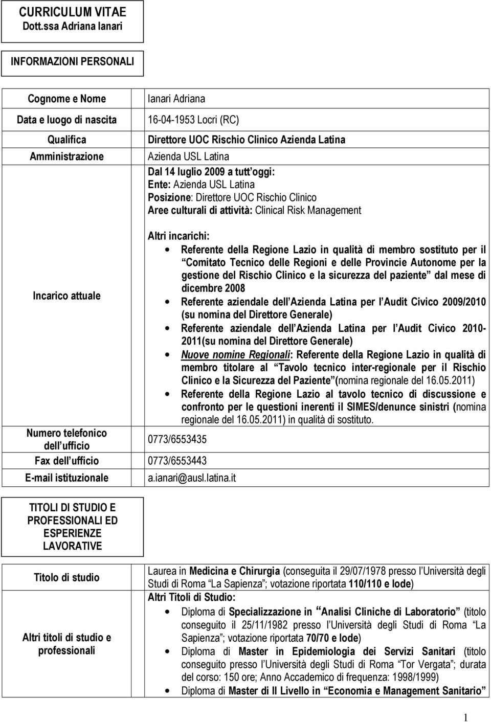 USL Latina Dal 14 luglio 2009 a tutt oggi: Posizione: Direttore UOC Rischio Clinico Aree culturali di attività: Clinical Risk Management Altri incarichi: Referente della Regione Lazio in qualità di