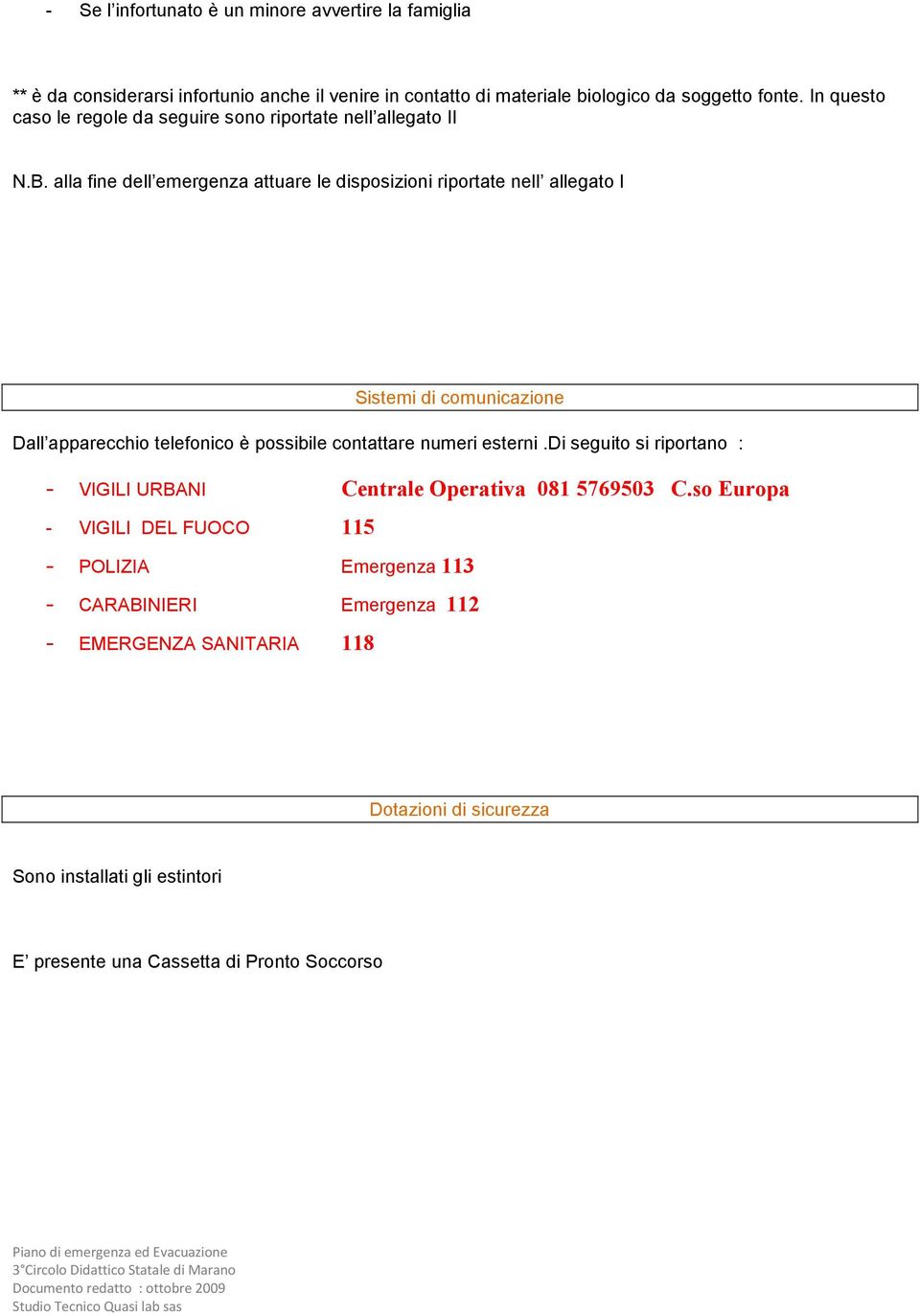 alla fine dell emergenza attuare le disposizioni riportate nell allegato I Sistemi di comunicazione Dall apparecchio telefonico è possibile contattare numeri esterni.