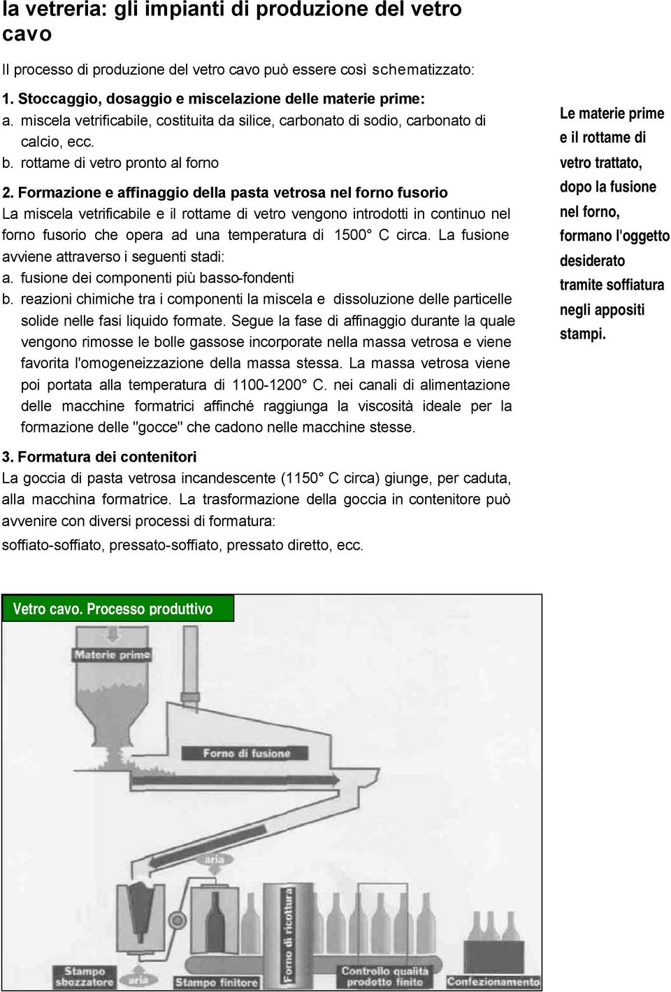 Formazione e affinaggio della pasta vetrosa nel forno fusorio La miscela vetrificabile e il rottame di vetro vengono introdotti in continuo nel forno fusorio che opera ad una temperatura di 1500 C