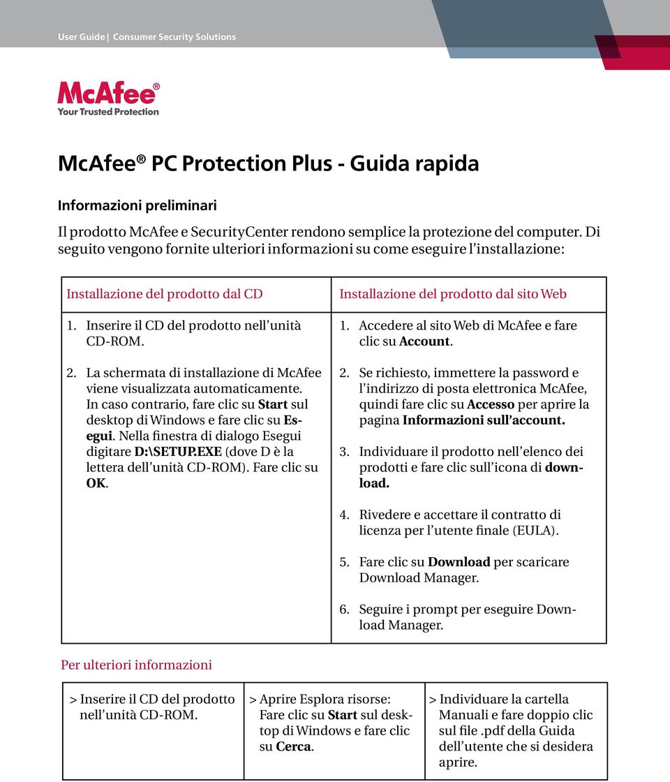 Inserire il CD del prodotto nell unità CD-ROM. 1. Accedere al sito Web di McAfee e fare clic su Account. 2. La schermata di installazione di McAfee viene visualizzata automaticamente.