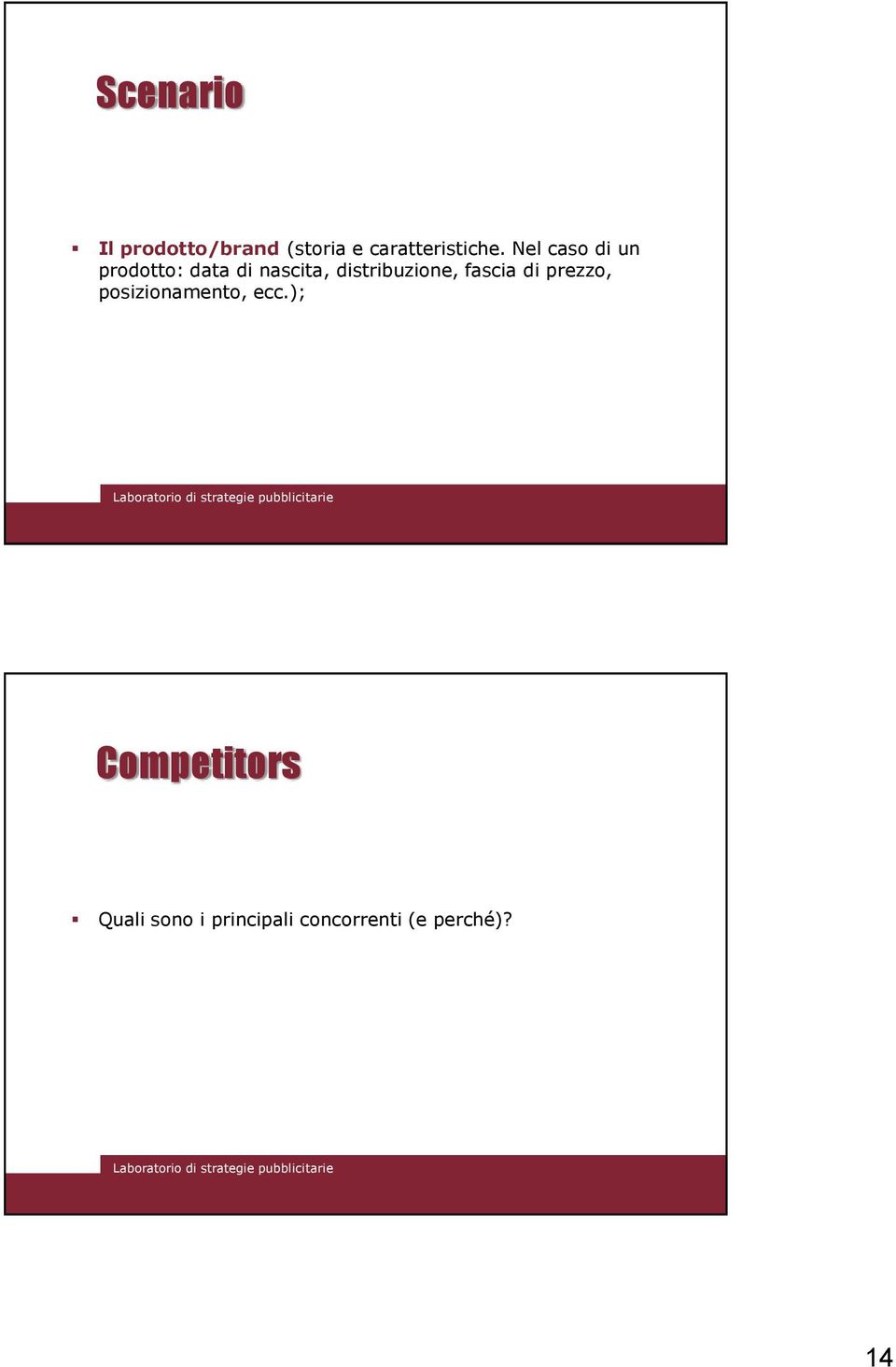 distribuzione, fascia di prezzo, posizionamento, ecc.