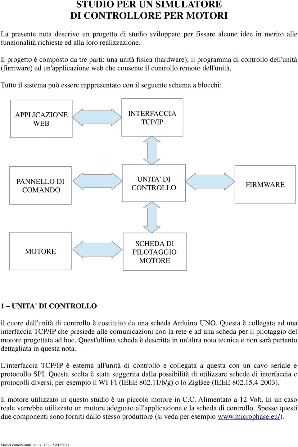 Tutto il sistema può essere rappresentato con il seguente schema a blocchi: APPLICAZIONE WEB INTERFACCIA TCP/IP PANNELLO DI COMANDO UNITA' DI CONTROLLO FIRMWARE MOTORE SCHEDA DI PILOTAGGIO MOTORE 1