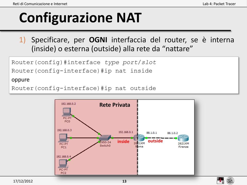 Router(config)#interface type port/slot Router(config-interface)#ip nat