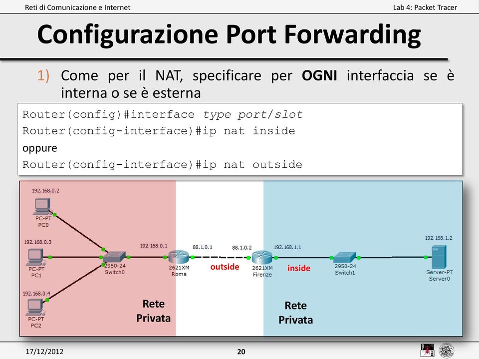 type port/slot Router(config-interface)#ip nat inside oppure