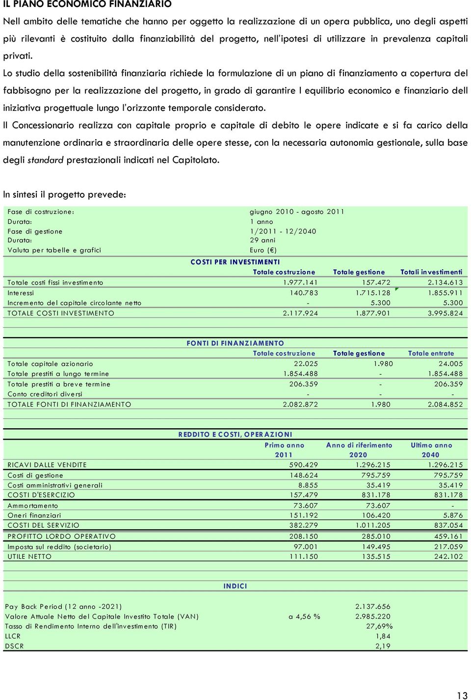 Lo studio della sostenibilità finanziaria richiede la formulazione di un piano di finanziamento a copertura del fabbisogno per la realizzazione del progetto, in grado di garantire l equilibrio