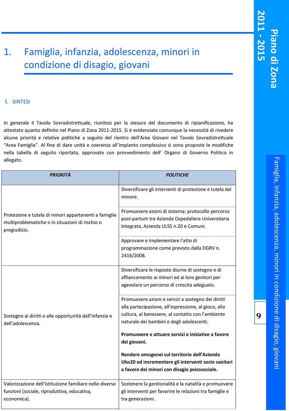 Si è evidenziata comunque la necessità di rivedere alcune priorità e relative politiche a seguito del rientro dell Area Giovani nel Tavolo Sovradistrettuale Area Famiglia.