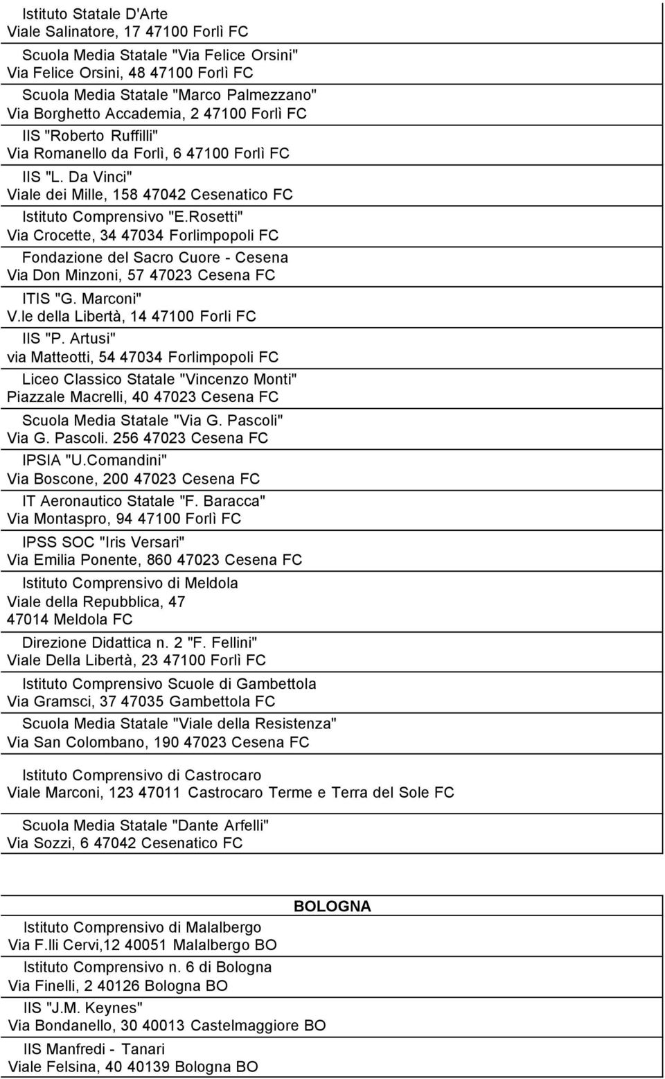 Rosetti" Via Crocette, 34 47034 Forlimpopoli FC Fondazione del Sacro Cuore - Cesena Via Don Minzoni, 57 47023 Cesena FC ITIS "G. Marconi" V.le della Libertà, 14 47100 Forli FC IIS "P.