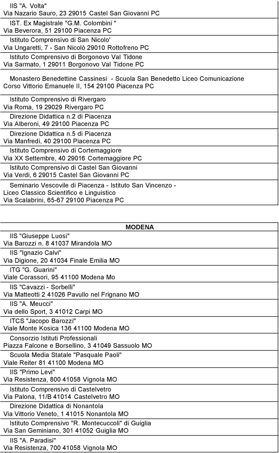 Colombini " Via Beverora, 51 29100 Piacenza PC Istituto Comprensivo di San Nicolo' Via Ungaretti, 7 - San Nicolò 29010 Rottofreno PC Istituto Comprensivo di Borgonovo Val Tidone Via Sarmato, 1 29011