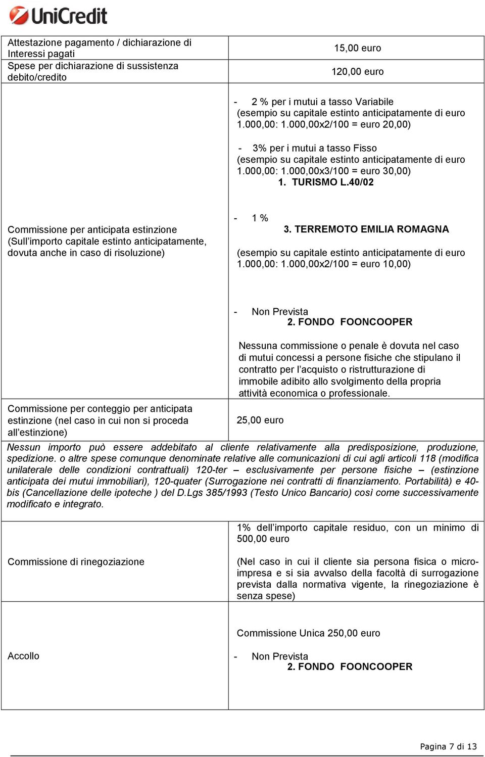 TURISMO L.40/02 Commissione per anticipata estinzione (Sull importo capitale estinto anticipatamente, dovuta anche in caso di risoluzione) - 1 % 3.