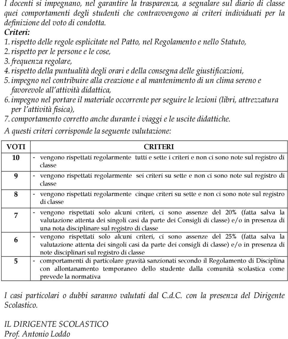 rispetto della puntualità degli orari e della consegna delle giustificazioni, 5. impegno nel contribuire alla creazione e al mantenimento di un clima sereno e favorevole all attività didattica, 6.